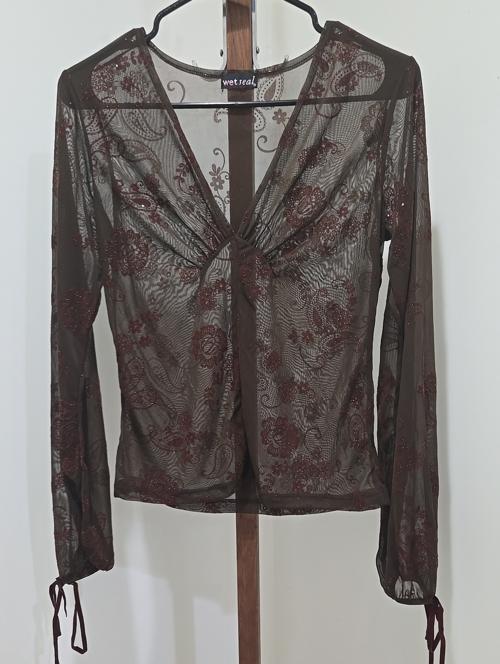 Vintage Y2K Wet Seal Sheer Sparkle Floral Scrunch Top Size Large MADE IN USA